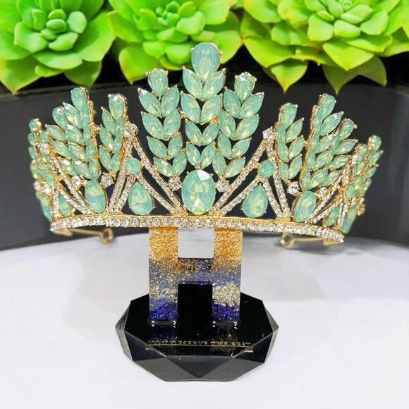 Green Wedding Tiara, Gold Goddess Headband, Princess Crystal Crown, Quinceanera - Picture 1 of 7